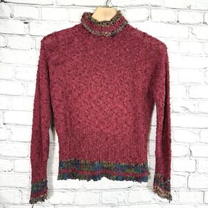 Vintage Carol Horn Textured‎ Turtleneck Sweater Women's Size S Art Knit Boho Red
